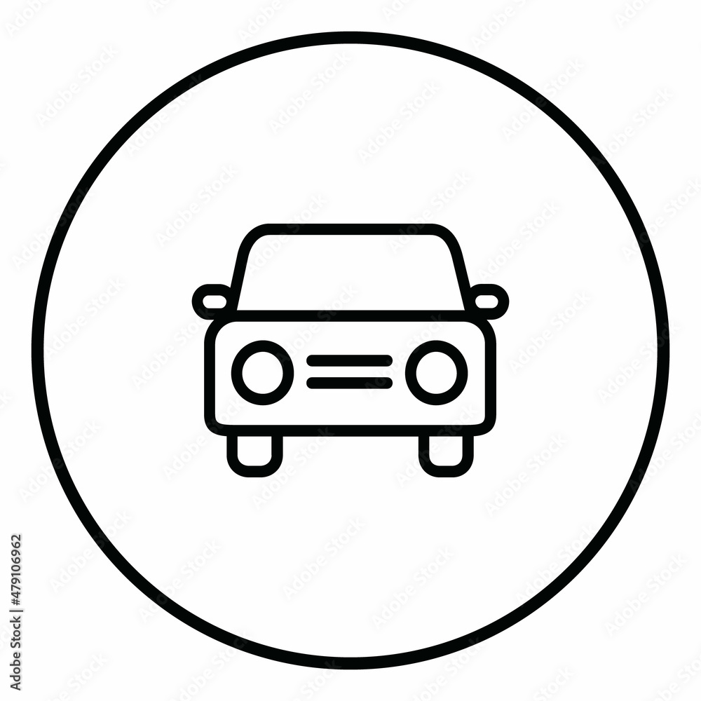 Car line icon inside circle, automobile front, black outline, line icons.