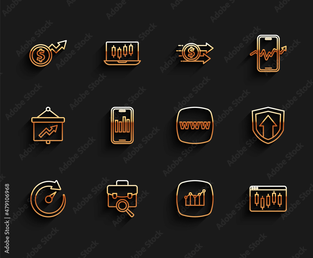 Set line Digital speed meter, Work search, Financial growth dollar, Browser with stocks market, Mobile graph, and Website template icon. Vector Set line Digital speed meter, Work search, Financial growth dollar, Browser with stocks market, Mobile graph, and Website template icon. Vector