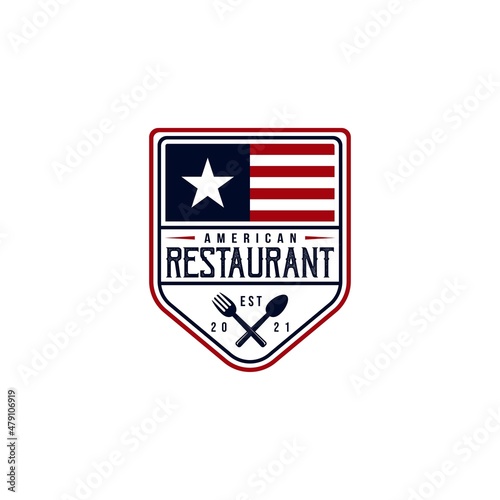 Free Download American Food Restaurant Logo. USA flag symbol with Spoon, Fork, and Star icons. On blue, red, and white colors. Premium and Luxury  vector illustration - GFXLoad