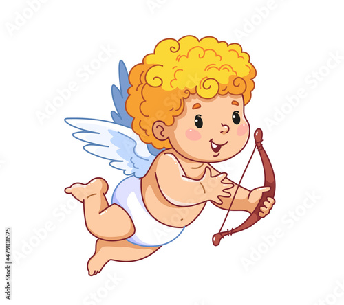 Cute baby Cupid holds a crossbow and flies. Happy cartoon character of Cupid in diapers, with wings. Illustration for the day of lovers and lovers. Vector chubby child.