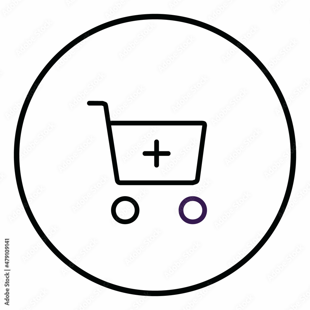 Cart add line icon inside circle, cart plus sign, black outline, line icons. Cart add line icon inside circle, cart plus sign, black outline, line icons.