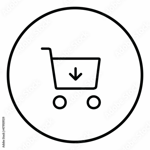 Cart arrow down line icon inside circle, cart decrease cart down, black outline, line icons.