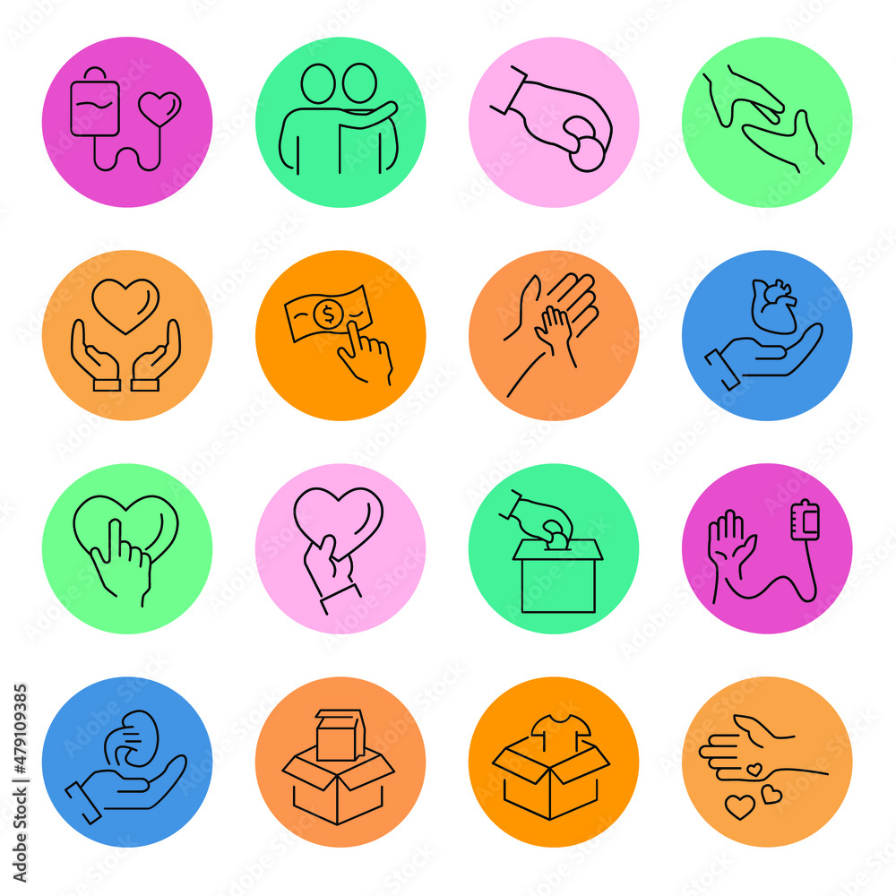 Donation icon set . Donation symbol pack vector elements for infographic web. with trending color backgrounds Donation icon set . Donation symbol pack vector elements for infographic web. with trending color backgrounds