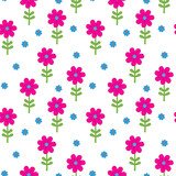 Seamless pattern with cute pink flowers on a white background. Vector illustration with children's print for clothes, cards, textiles. Flowers with outline.