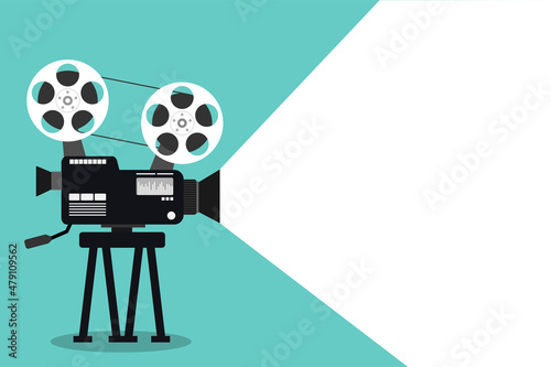 Retro cinema icon on blue background. Old camera film symbol. vector illustration flat design. Light beam ray space for text.