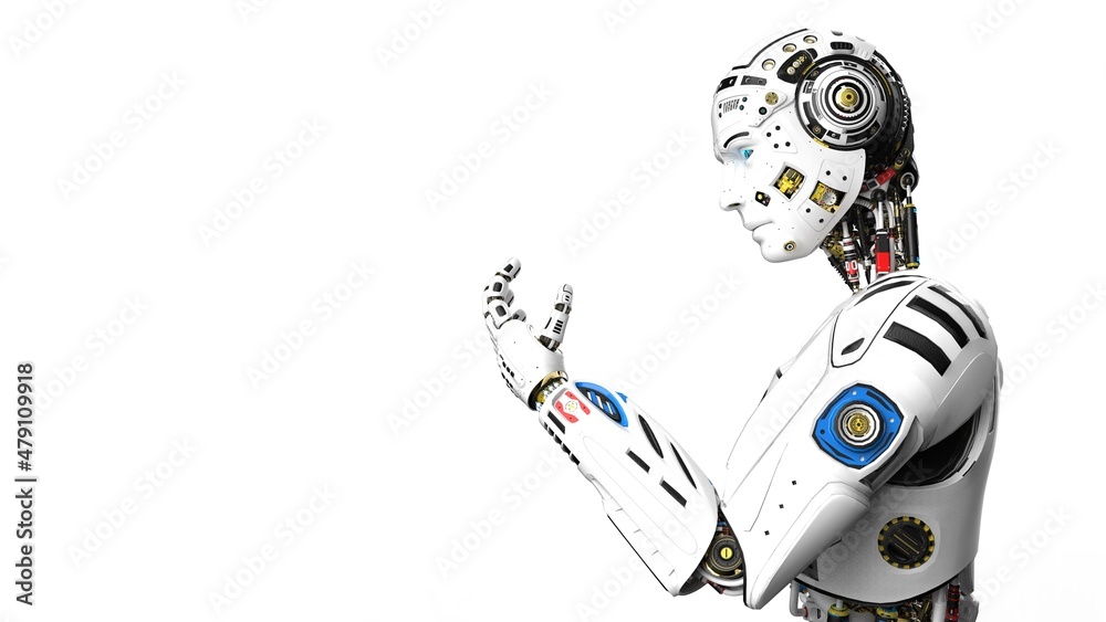 Detailed appearance of the metallic white AI robot under white background. 3D illustration. 3D high quality rendering. Detailed appearance of the metallic white AI robot under white background. 3D illustration. 3D high quality rendering.