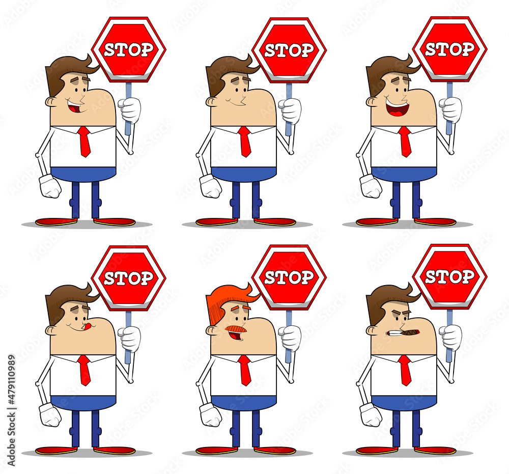 Simple retro cartoon of a businessman holding a stop sign. Professional finance employee white wearing shirt with red tie. Simple retro cartoon of a businessman holding a stop sign. Professional finance employee white wearing shirt with red tie.