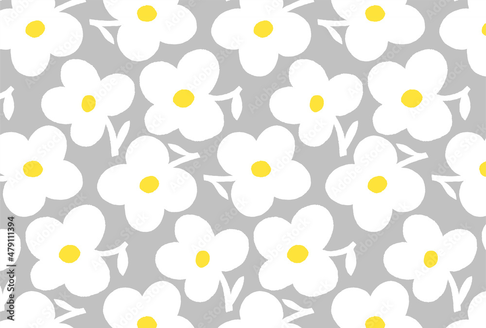 レトロな白と黄色の花柄のグレー背景の壁紙
