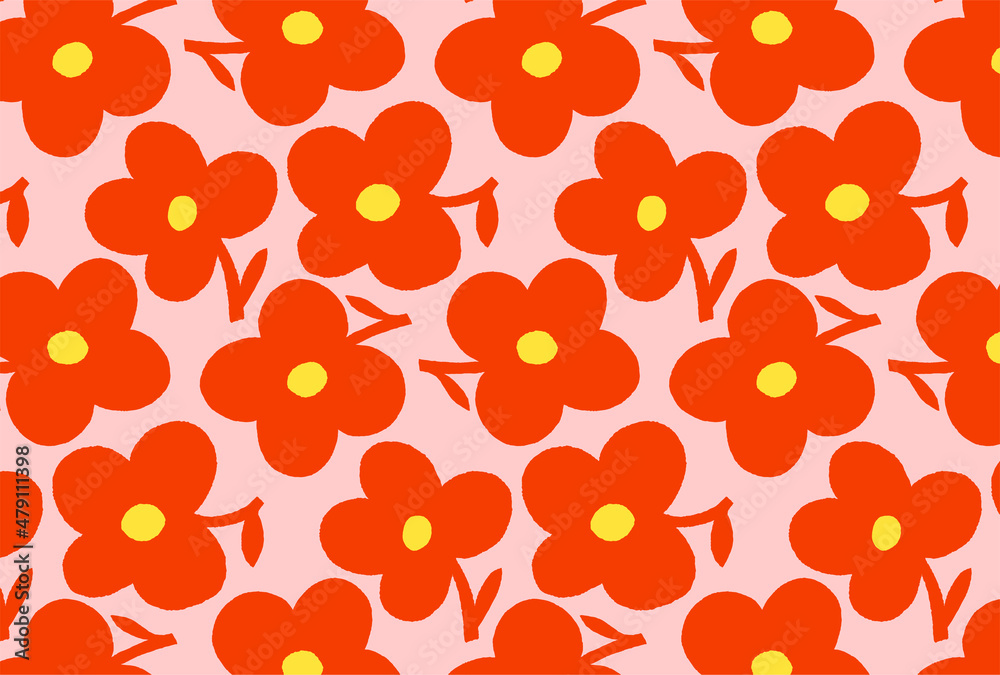 レトロな赤と黄色のピンク背景の花柄の壁紙 Stock Illustration Adobe Stock