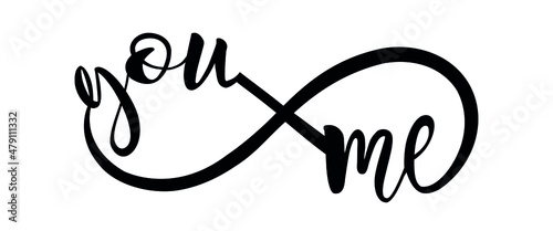 Infinity sign silhouette with You and Me words inscription.Forever friends.Black white tattoo stencil love symbol.Wedding icon.Family.Marriage.Valentines day.Vinyl wall sticker decal.DIY.Hearts.Cut.