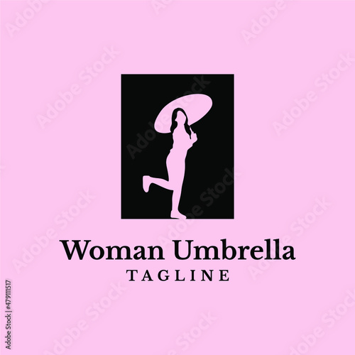 woman use umbrella silhouette logo vector