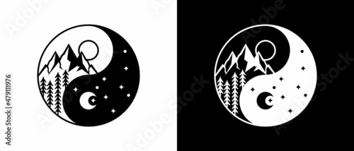 Ying Yang symbol vector illustration. Nature mountains tree sun logo type.