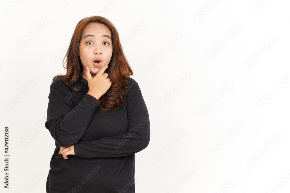 Wow Face Expression Of Beautiful Asian Woman Wearing Black Shirt Isolated On White Background Wow Face Expression Of Beautiful Asian Woman Wearing Black Shirt Isolated On White Background