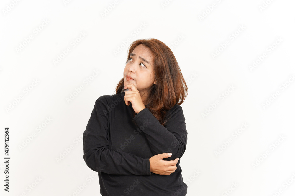 Thinking Gesture Of Beautiful Asian Woman Wearing Black Shirt Isolated On White Background Thinking Gesture Of Beautiful Asian Woman Wearing Black Shirt Isolated On White Background