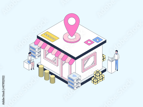 Business Offline Store Location Isometric Illustration Lineal Color. Suitable for Mobile App, Website, Banner, Diagrams, Infographics, and Other Graphic Assets.