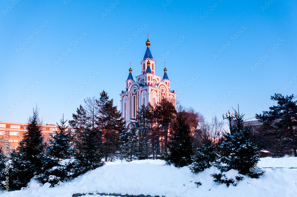 Grado-Khabarovsk Cathedral of the Assumption of the Mother of God on Komsomolskaya Square in Khabarovsk in winter