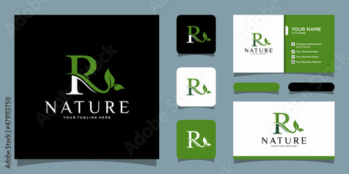 Initial letter R with leaf luxury logo. green leaf logo with business card design template