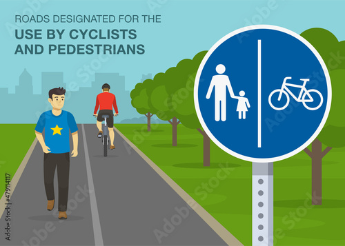 Common traffic or road rules. Close-up view of a sign. Roads designated for the use by pedestrians and cyclists sign. Flat vector illustration template.