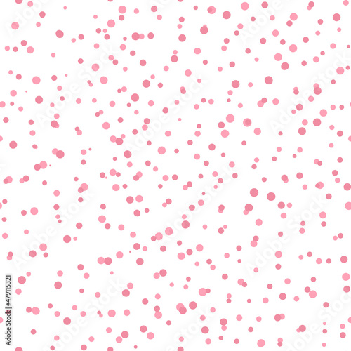 Abstract hand drown polka dots background. White seamless pattern with pink circles. Template design for invitation, poster, card, flyer, banner, textile, fabric