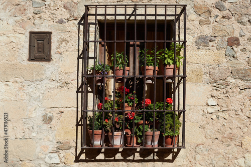 Window with railings and flower pots in a stone house