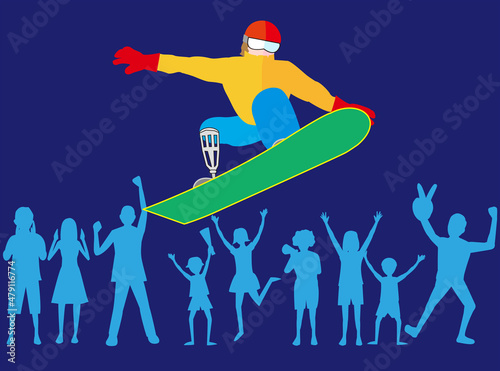 障がい者のスノーボード選手のパフォーマンスのイラスト素材です。