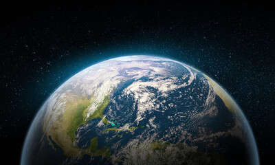 Earth in the space. Blue planet for wallpaper. Green planet or Globe on galaxy. Elements of this image furnished by NASA