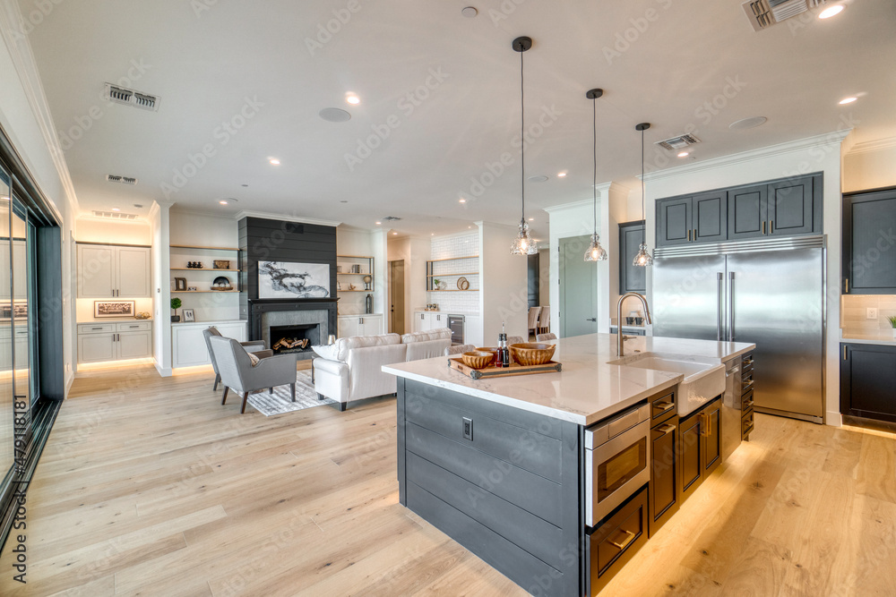 modern kitchen interior with open floor plan Stock Photo | Adobe Stock