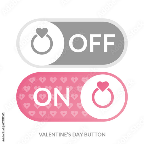  Valentine's day on-off  toggle switch buttons template with love ring and hearts. User interface design element. Vector illustration on white