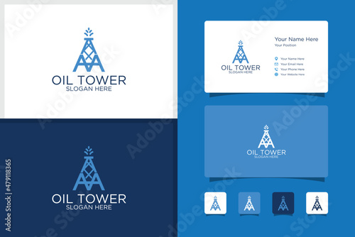 oil tower design logo and business card design template. premium vectors.