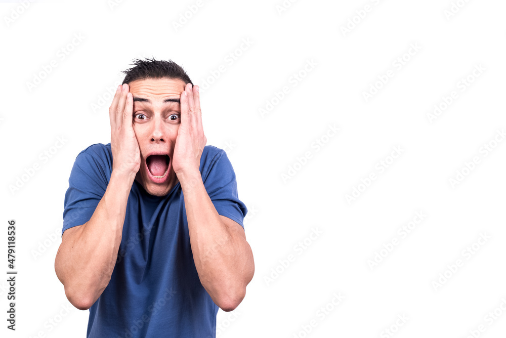 Man with his hands over his face screaming in fear Man with his hands over his face screaming in fear
