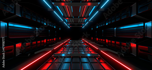 Fototapeta Naklejka Na Ścianę i Meble -  Sci Fy neon lamps in a dark corridor. Reflections on the floor and walls. 3d rendering image.