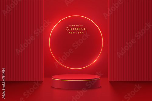 Realistic dark red and gold 3D cylinder pedestal podium with illuminate circle lamp backdrop. Minimal scene for products showcase, Promotion display. Abstract studio room platform. Happy lantern day.