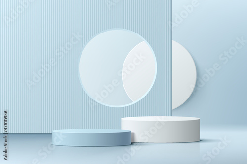 Realistic blue and white 3D cylinder pedestal podium set with geometric shape backdrop. Minimal scene for products showcase, Promotion display. Abstract studio room platform design. Stage showcase.