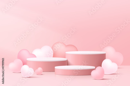 Realistic pink 3D cylinder pedestal podium set with balloons heart shape. Pastel minimal scene for products showcase, Promotion display. Abstract studio room platform design. Vector illustration.