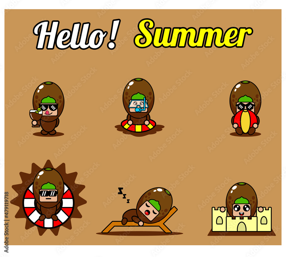Fototapeta premium vector cute cartoon character kiwi fruit mascot costume set collection hello summer bundle