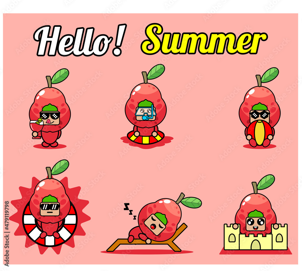 Fototapeta premium vector cute cartoon character water guava fruit mascot costume set collection hello summer bundle