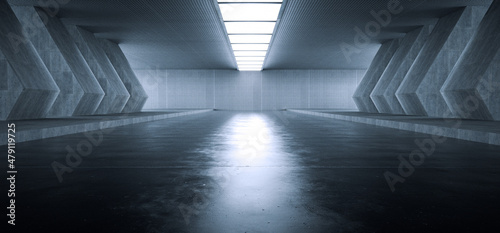 Fototapeta Naklejka Na Ścianę i Meble -  Advanced background High end scenario concrete wall 3D rendering booth Exhibition hall Dark technology