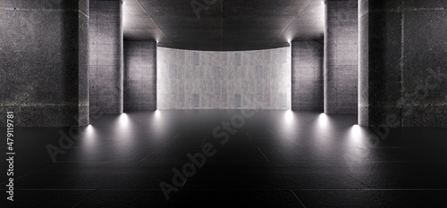 Advanced background High end scenario concrete wall 3D rendering booth Exhibition hall Dark technology