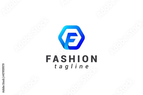 Letter f creative blue colour technological hexagonal logo