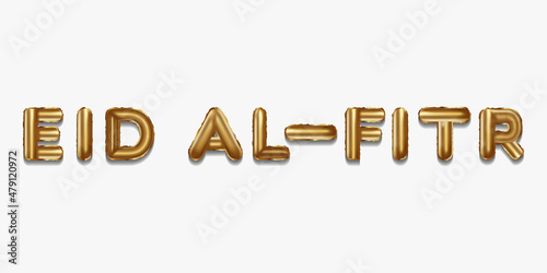eid al fitr written with golden foil balloons. eid al fitr lettering realistic gold balloons
