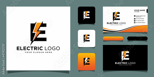 Initial E Letter with Lightning Bolt Logo Vector Design with business card design template
