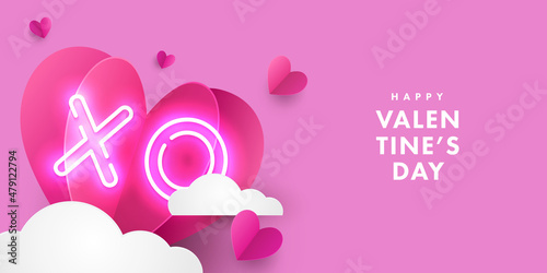 Romantic creative design of Happy Valentine's Day card with pink red realistic 3d origami paper hearts over clouds and XO neon symbol. Festive banner, sale poster, social media or promo templates.