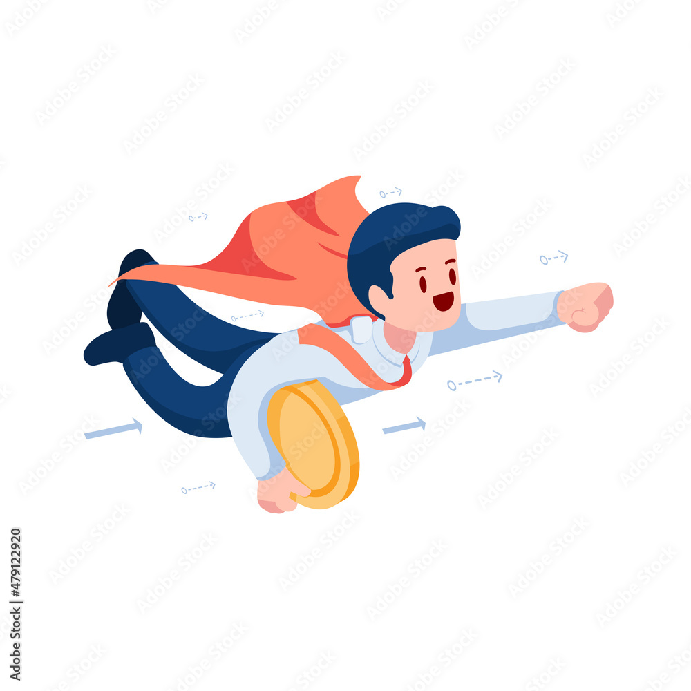 Obraz premium Isometric Super Businessman Holding Golden Coin and Flying Up