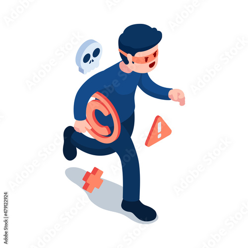 Isometric Thief Stole Copyright Symbol and Running Away