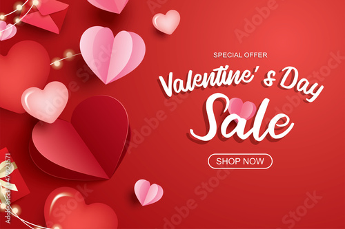Valentines day sale banner template with heart and text on red background.