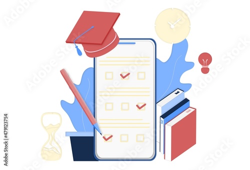 Online exam in mobile smartphone app. Online test, opinion checklist, online education, questionnaire form, survey metaphor, answering internet quiz, homework assignment. Computer test and examination