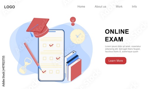 Online exam in mobile smartphone app. Online test, opinion checklist, online education, questionnaire form, survey metaphor, answering internet quiz, homework assignment. Computer test and examination