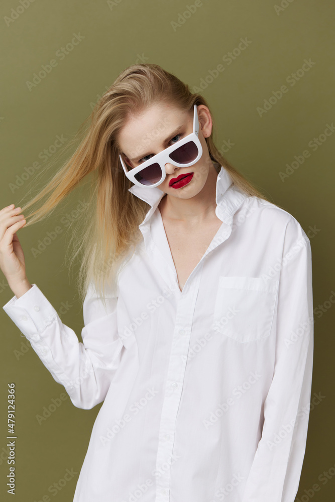 pretty woman in white shirt sunglasses Lifestyle posing pretty woman in white shirt sunglasses Lifestyle posing