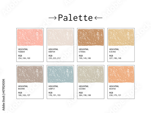 Color palette, codes and names. Fashion colors for using in design, web, clothes, interiors and textiles.