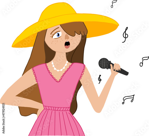 The girl in the hat sings into the microphone. Vector illustration